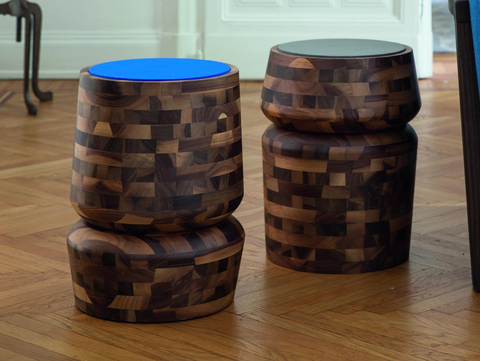 BOUCHON Low wooden stool with integrated cushion