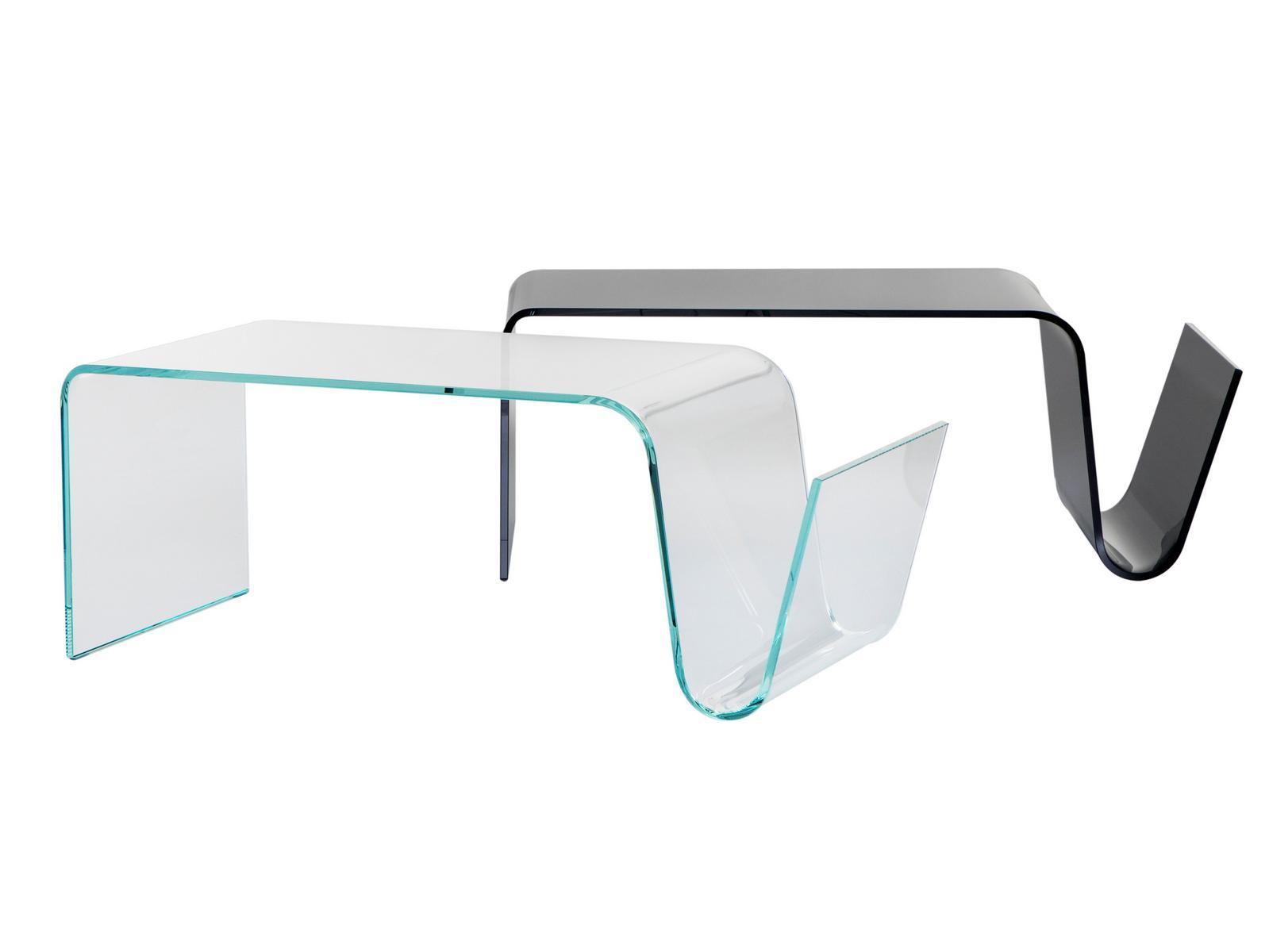 LINE Low glass coffee table with integrated magazine rack