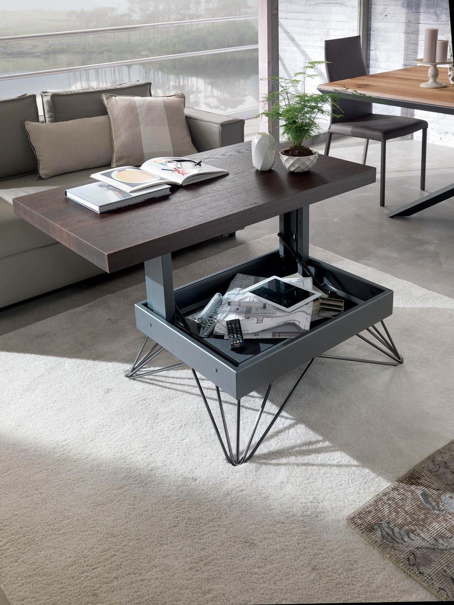 RADIUS Height-adjustable wooden coffee table with integrated magazine rack