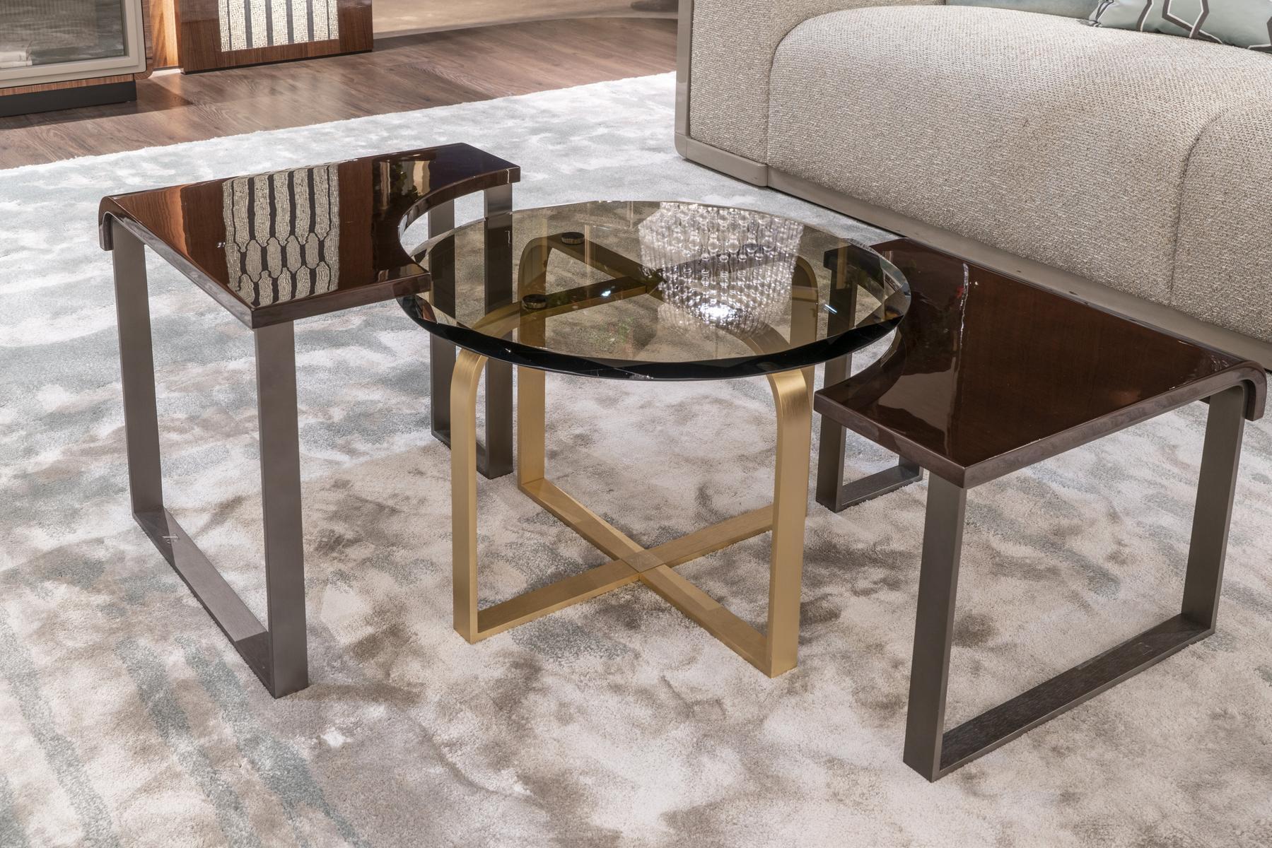 TULIP TRIS Metal coffee table and glass and walnut top