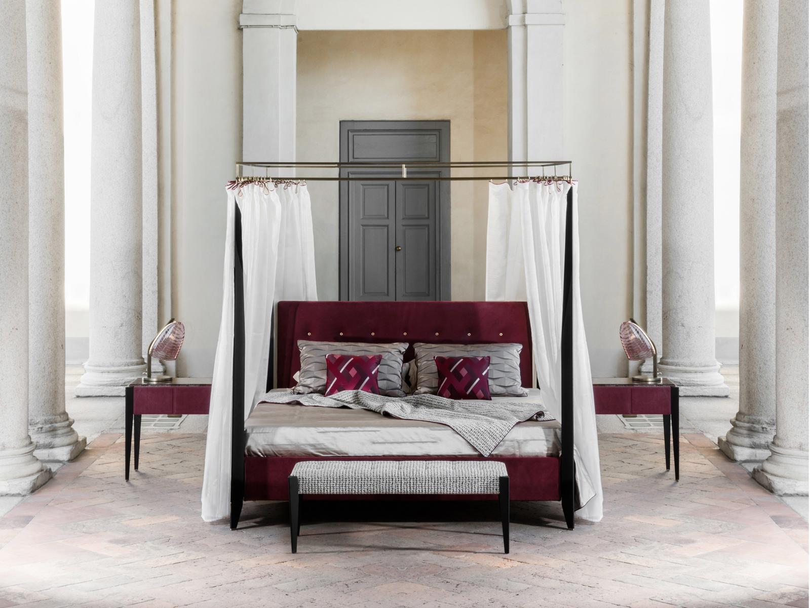 LEVANTE Upholstered nabuk canopy bed with tufted headboard