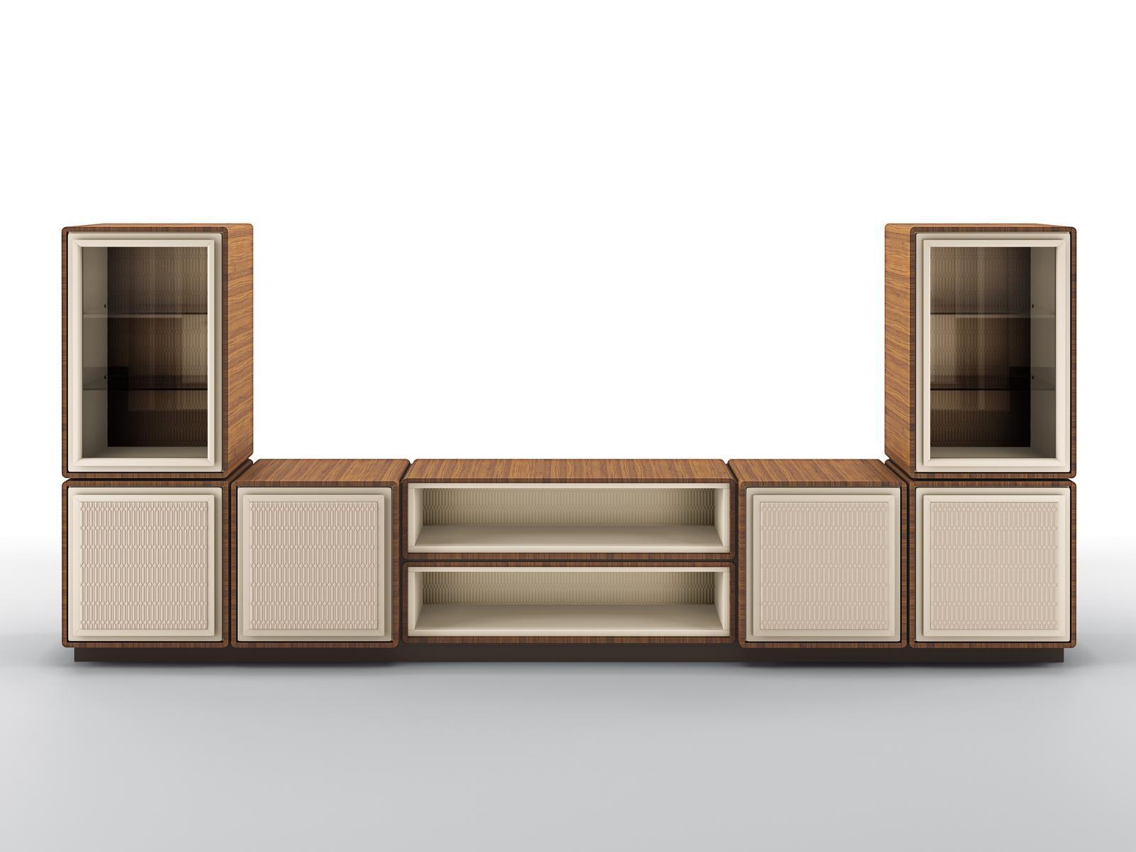 DEDALO Modular walnut TV cabinet with doors