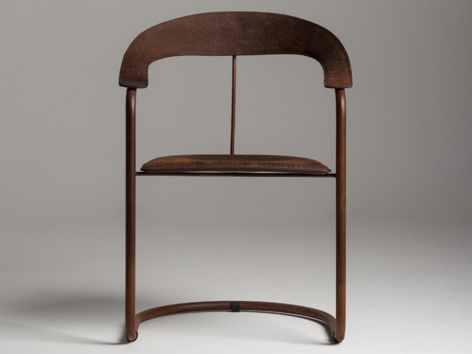 PARABOLICA Tanned leather and Corten™ chair with armrests