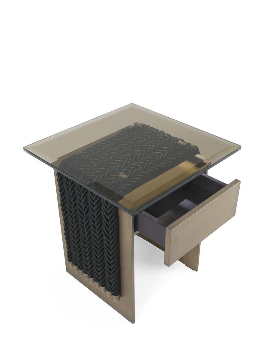 GLASGOW Rectangular brass and glass bedside table with drawers