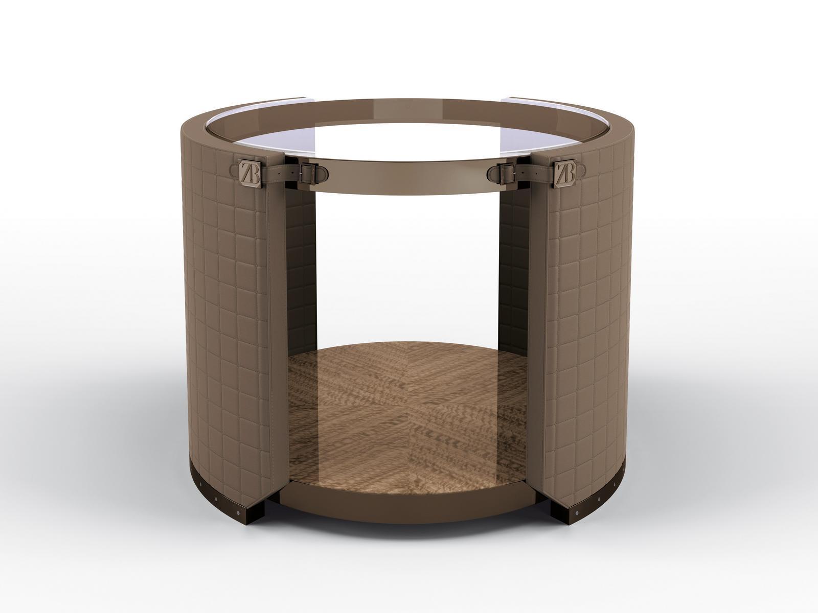 RUPERT Round coffee table covered in leather and glass top