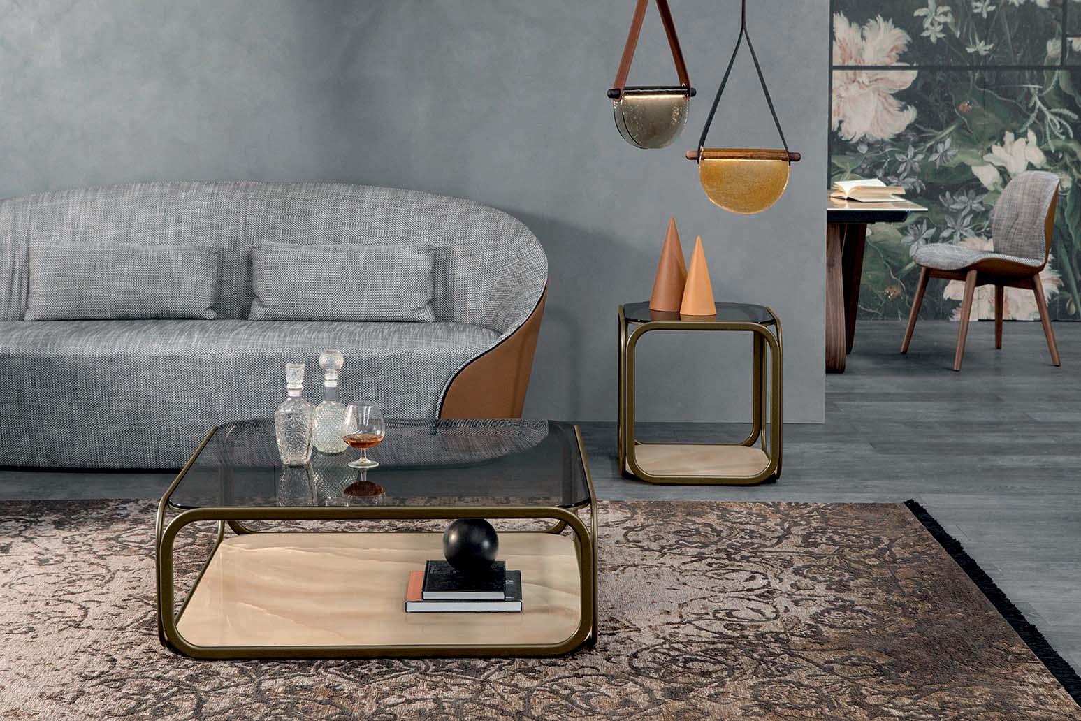 REMIND Square high metal side table with glass top and marble base