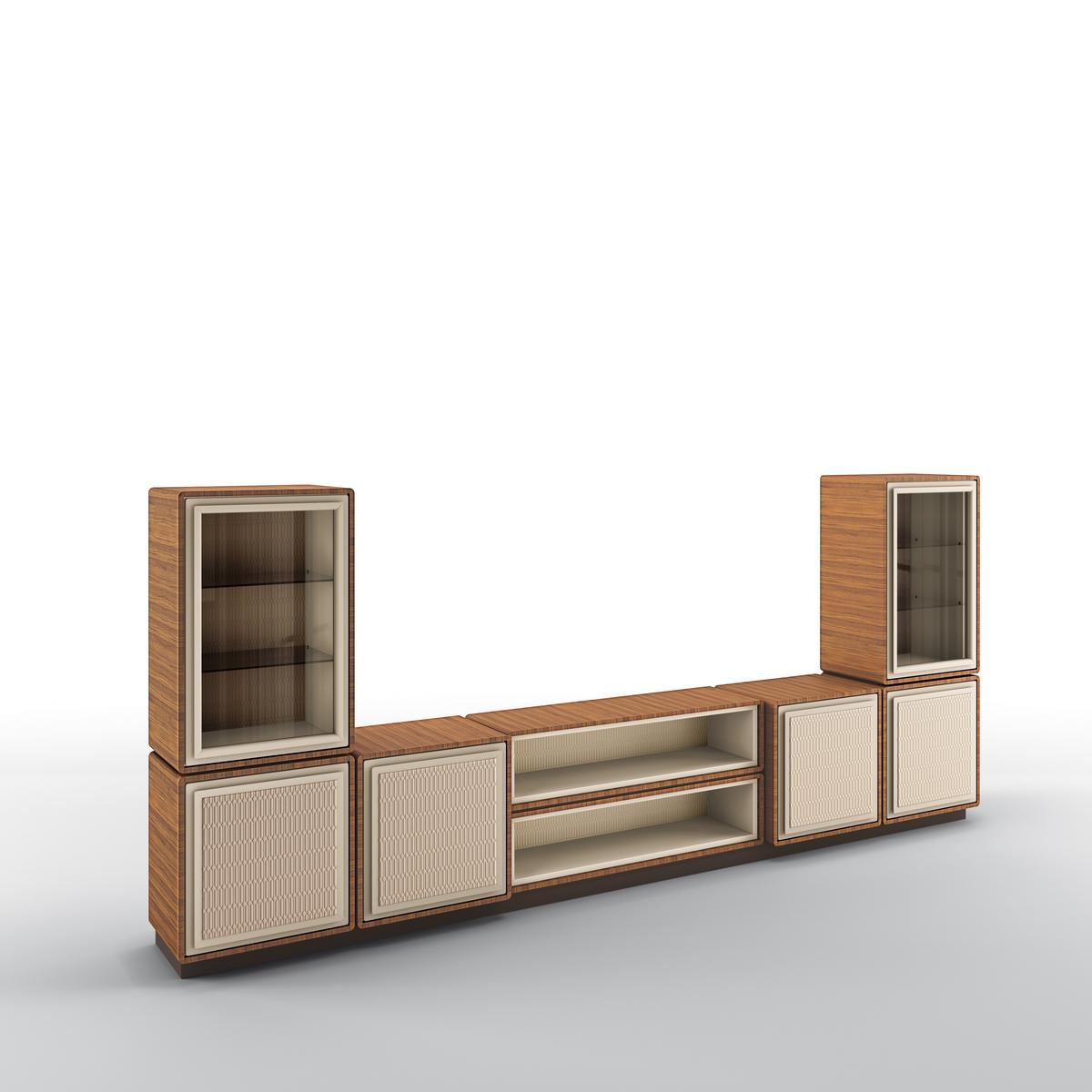 DEDALO Modular walnut TV cabinet with doors