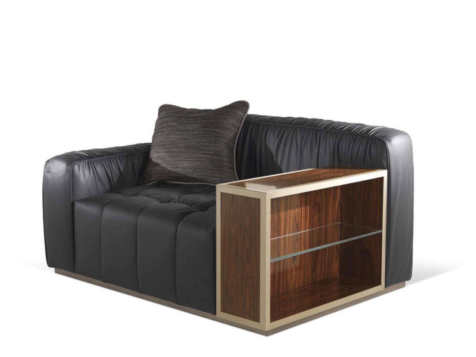 HIGHLANDER Leather armchair with armrests with integrated magazine rack