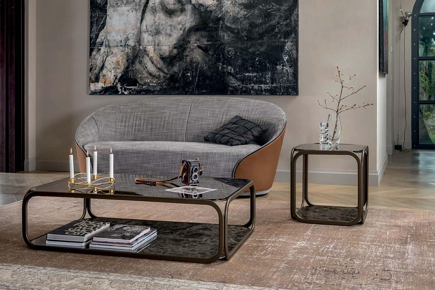 REMIND Square high metal side table with glass top and marble base