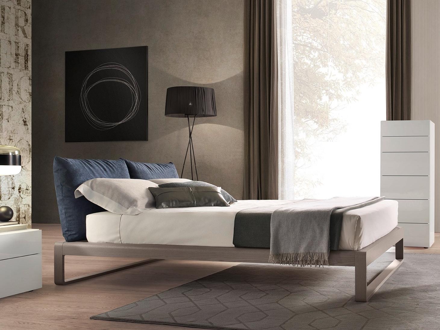 MARTIN Wooden double bed with upholstered headboard