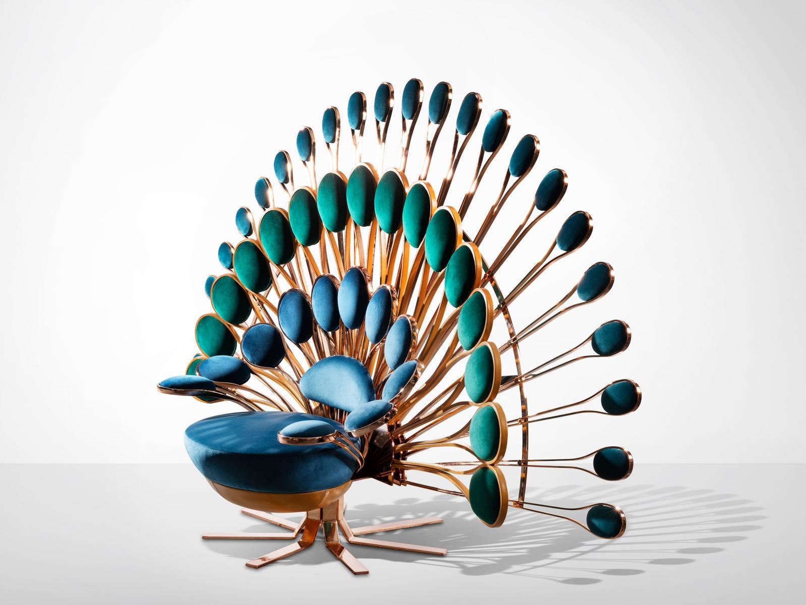 PAVONE Upholstered high-back brass armchair