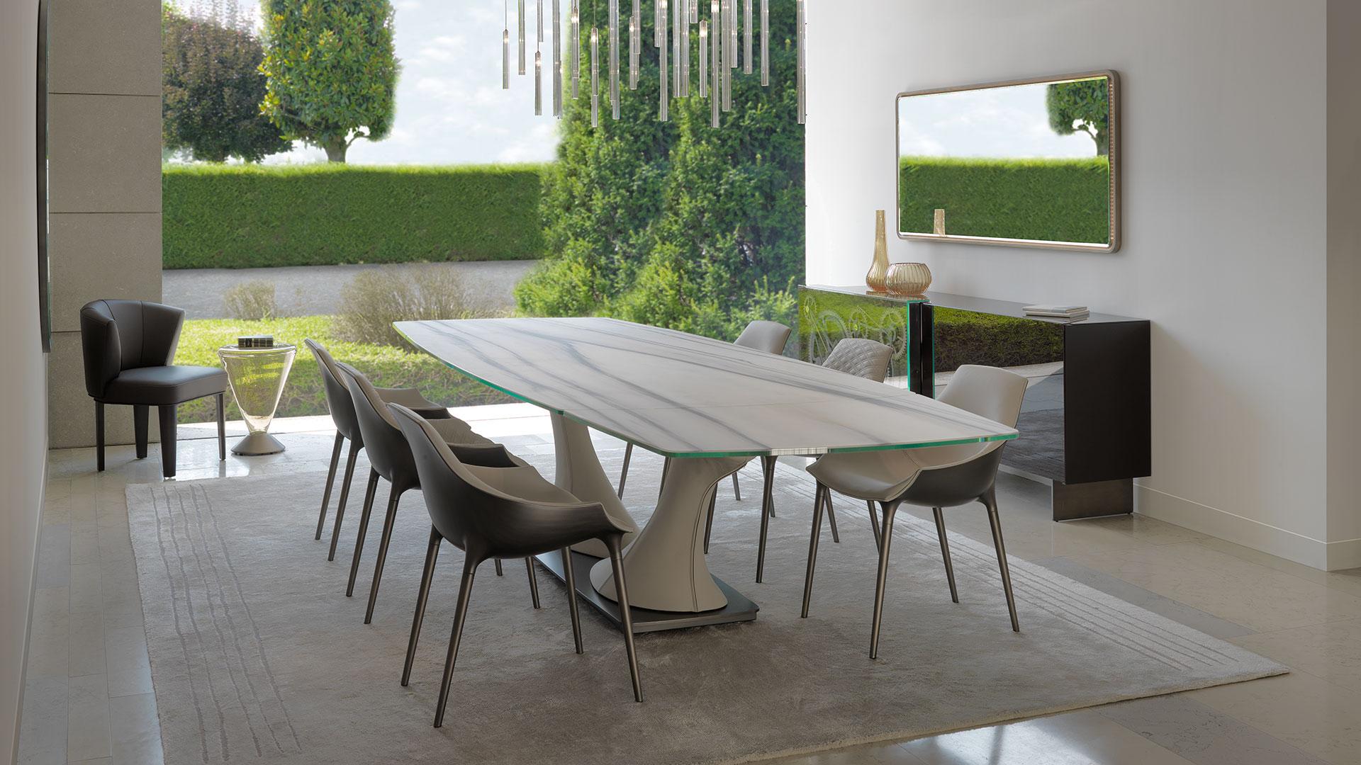 ARCHIMEDE Extending rectangular Marble glass dining table