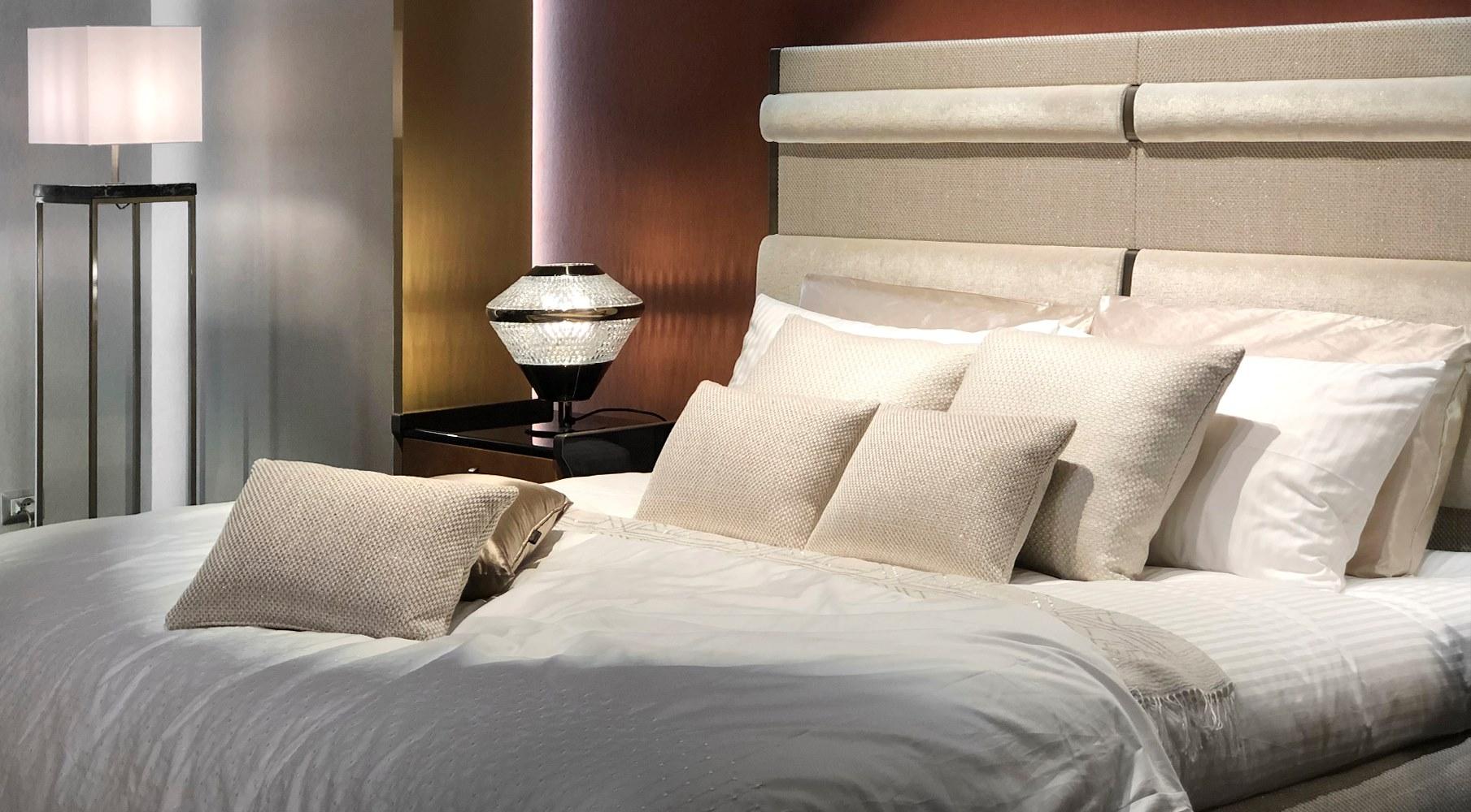 TRILOGY L Double bed with upholstered headboard