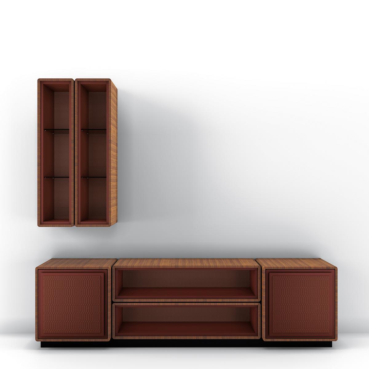 DEDALO Modular walnut TV cabinet with doors