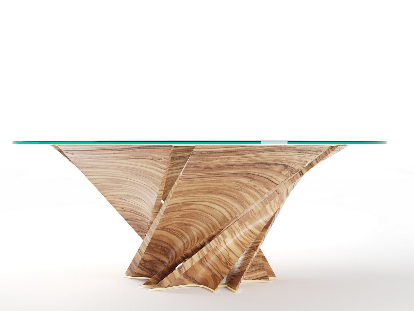 TORSION Round wood and glass table