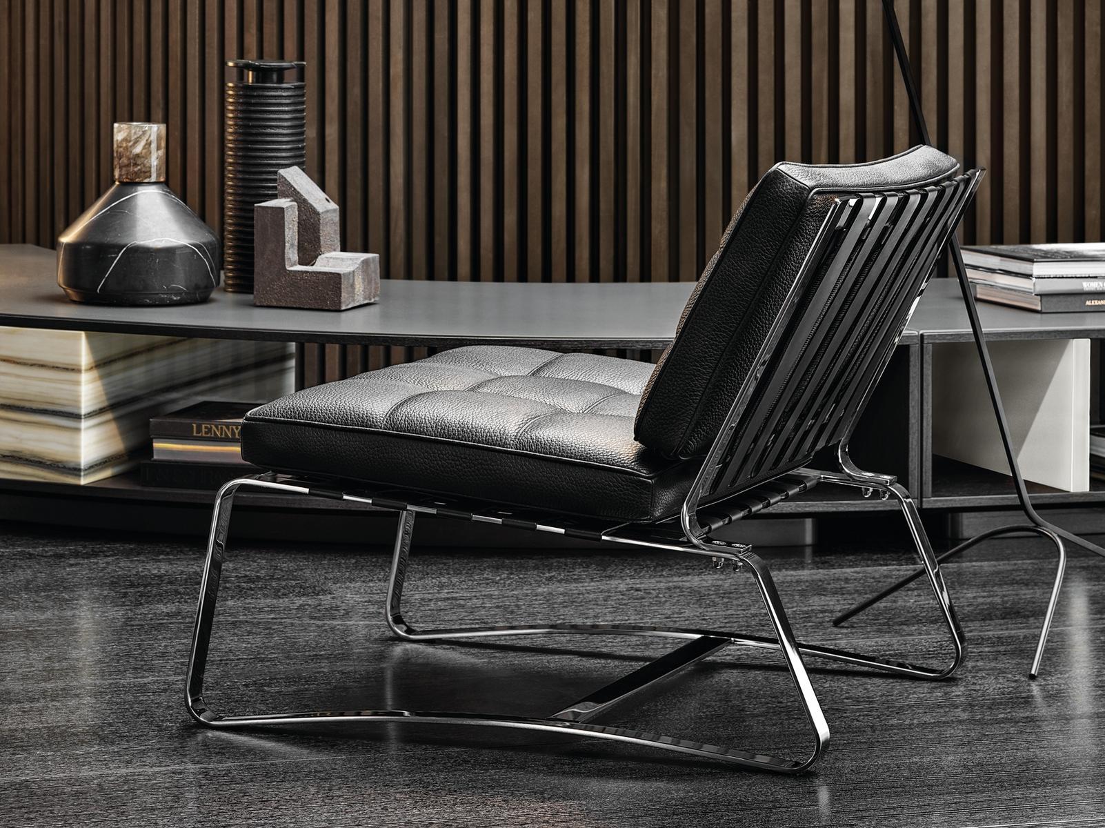 DELAUNAY QUILT Sled base tufted leather armchair