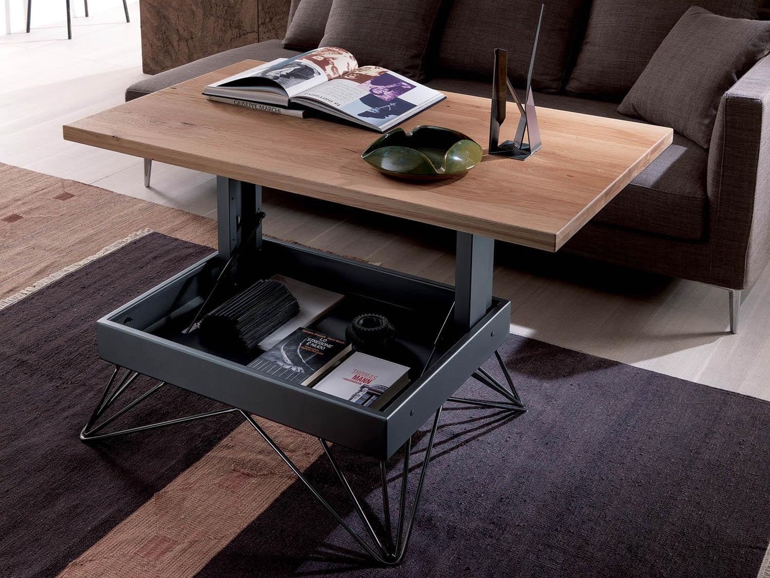 RADIUS Height-adjustable wooden coffee table with integrated magazine rack