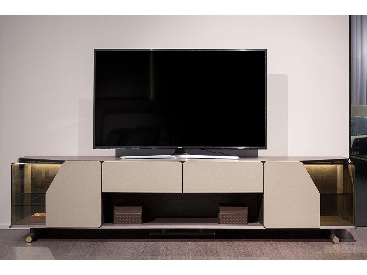 VINE Wooden TV cabinet with leather doors and drawers