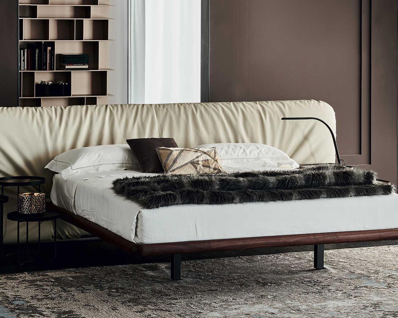 MARLON Leather bed with upholstered headboard