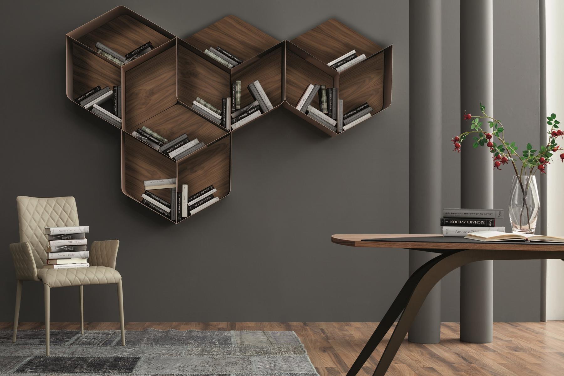 PANGEA Modular floating walnut bookcase