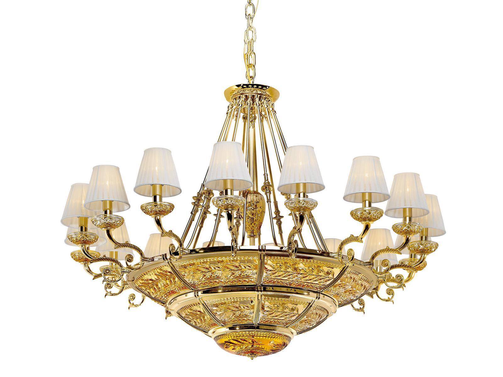 MICHELANGELO 3999/14+16 Shaded gold plated chandelier with amber crystal and shades
