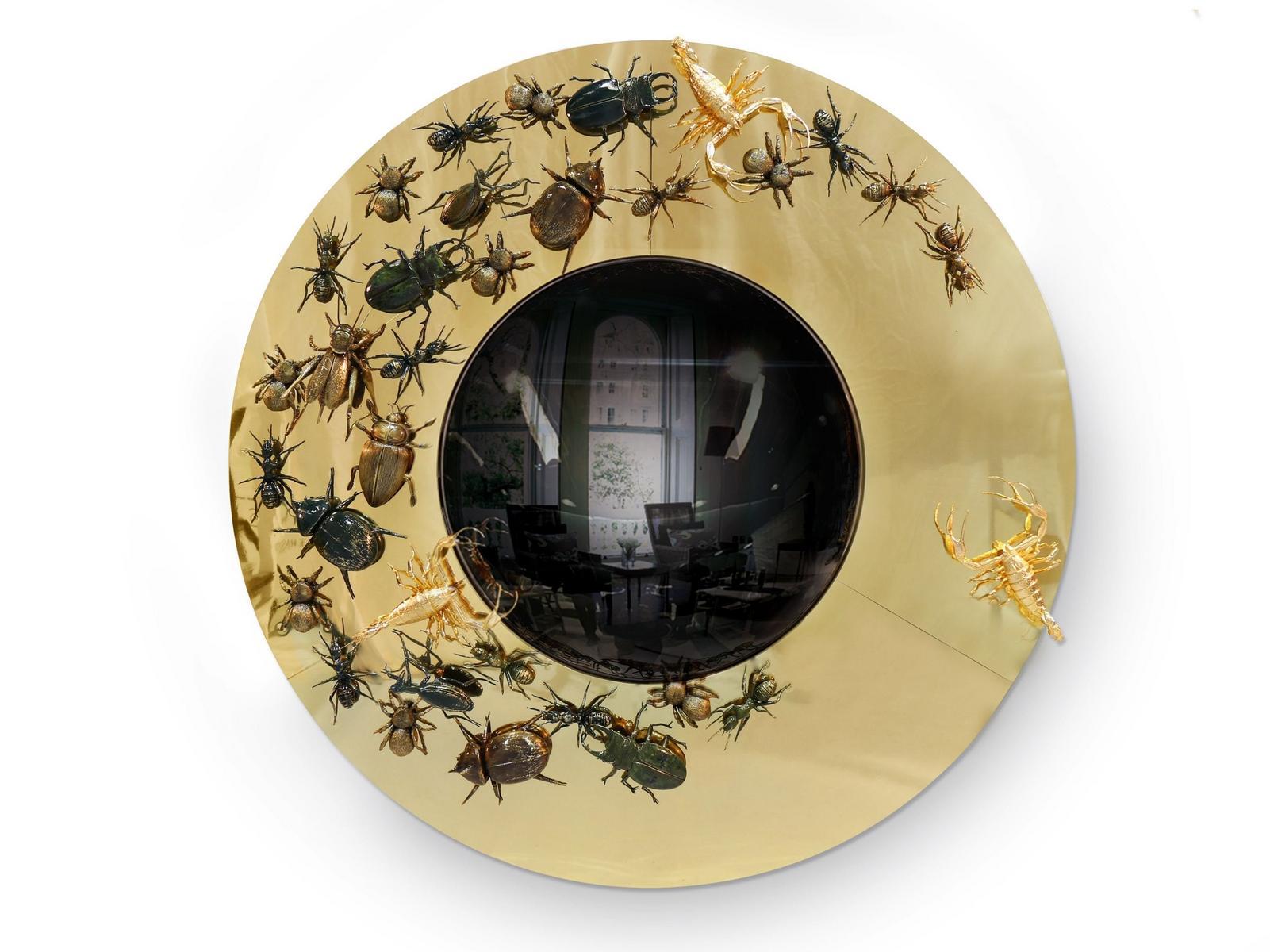 CONVEX METAMORPHOSIS Round wall-mounted framed brass mirror