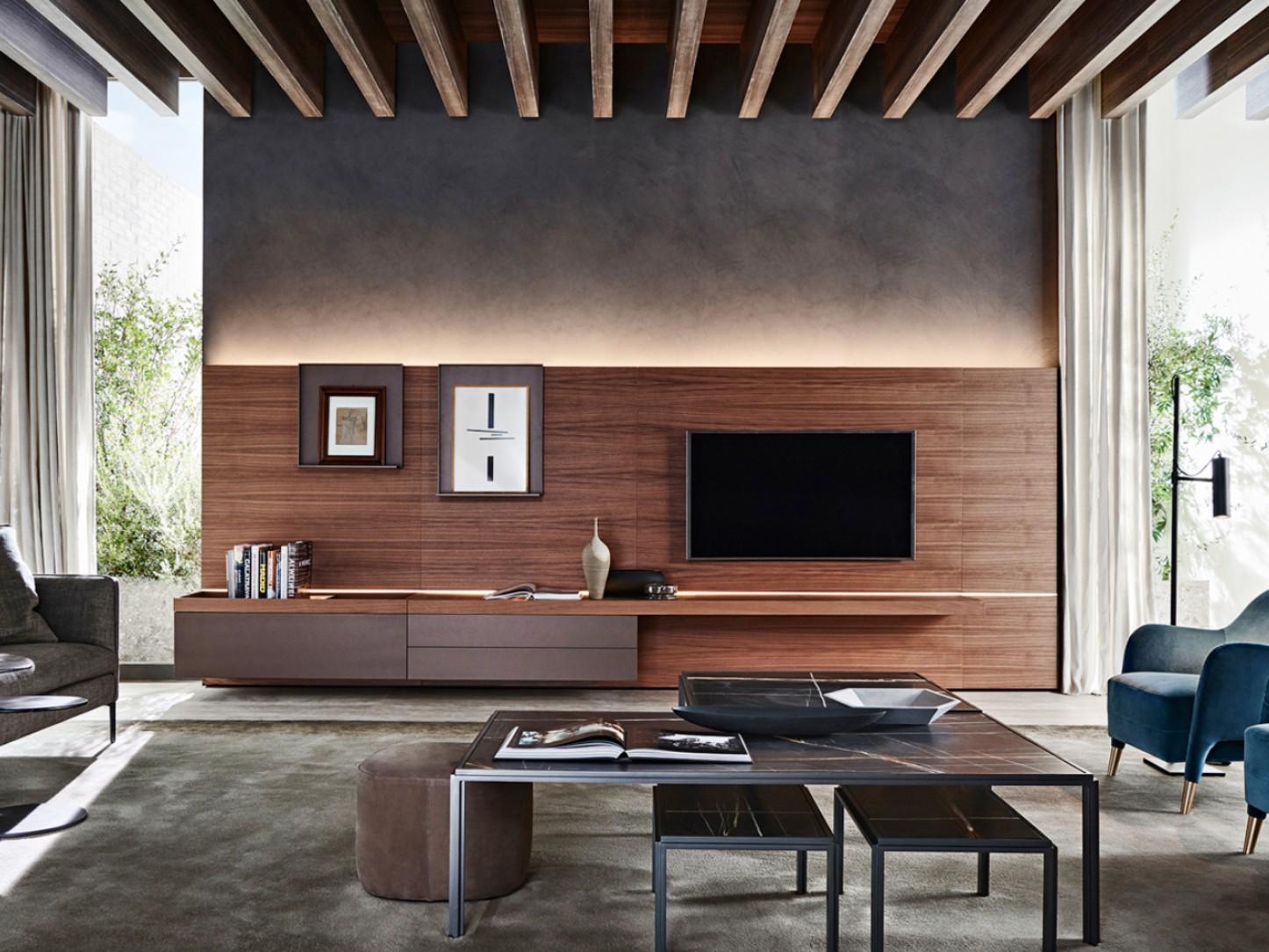 GRID Sectional wooden storage wall with integrated lighting