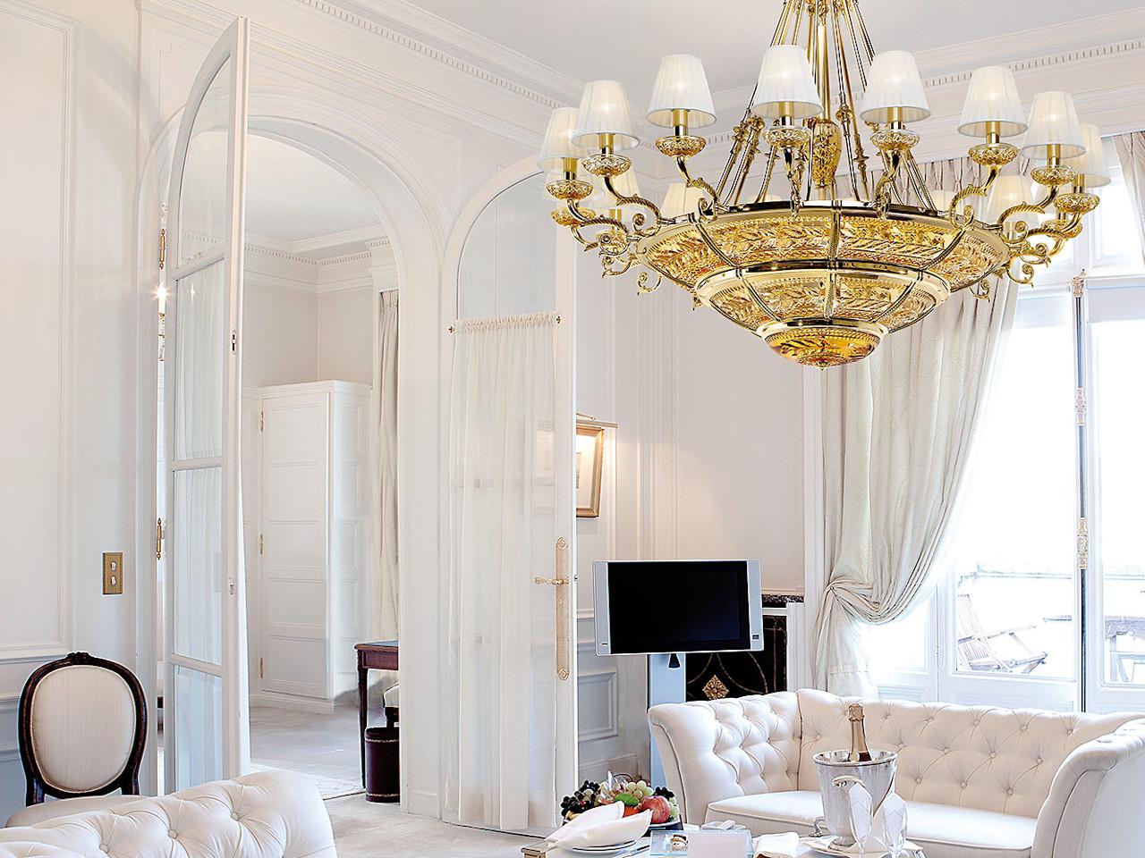MICHELANGELO 3999/14+16 Shaded gold plated chandelier with amber crystal and shades