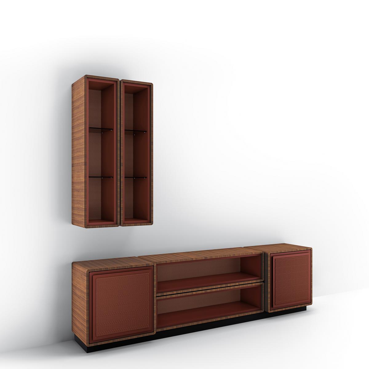 DEDALO Modular walnut TV cabinet with doors