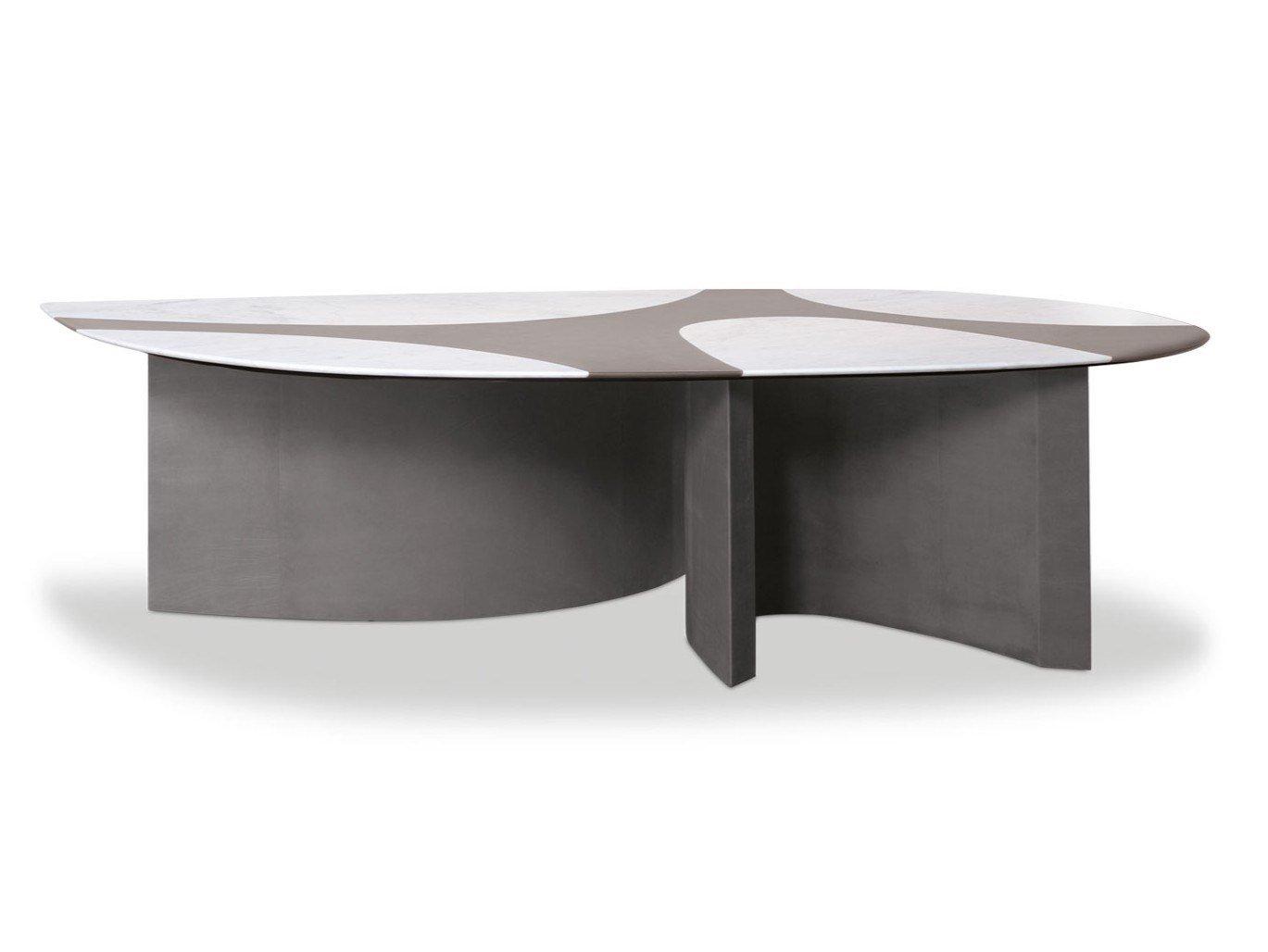 RONCHAMP Oval marble table with base covered in leather