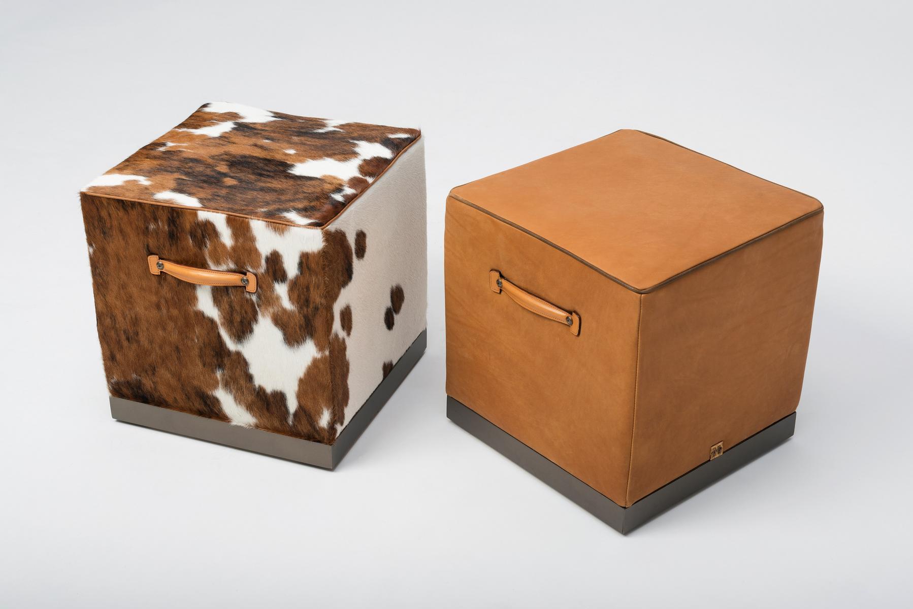 FEDRO Square tanned leather pouf with castors