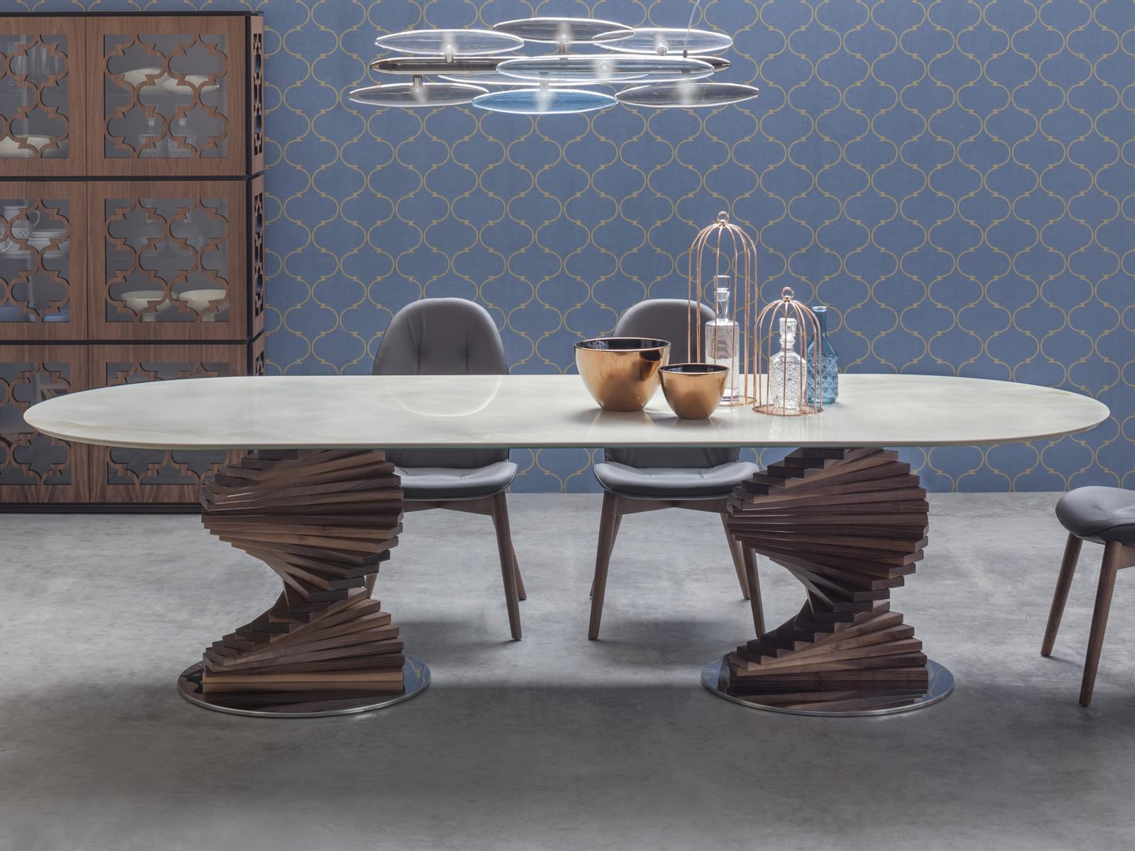BIG FIRENZE Oval porcelain stoneware table with oak base