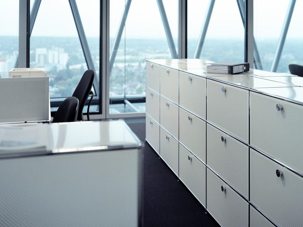 HALLER CREDENZA AS OFFICE STORAGE Low modular metal office storage unit