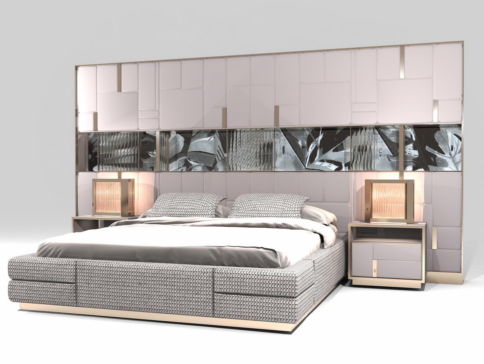 BELOVED ART Glass and steel bed with upholstered headboard