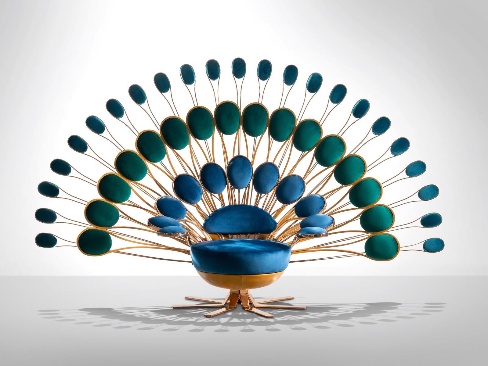 PAVONE Upholstered high-back brass armchair