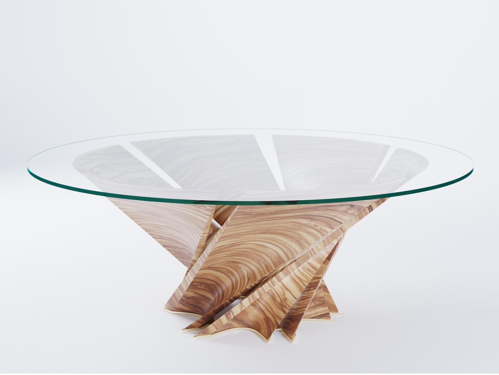 TORSION Round wood and glass table