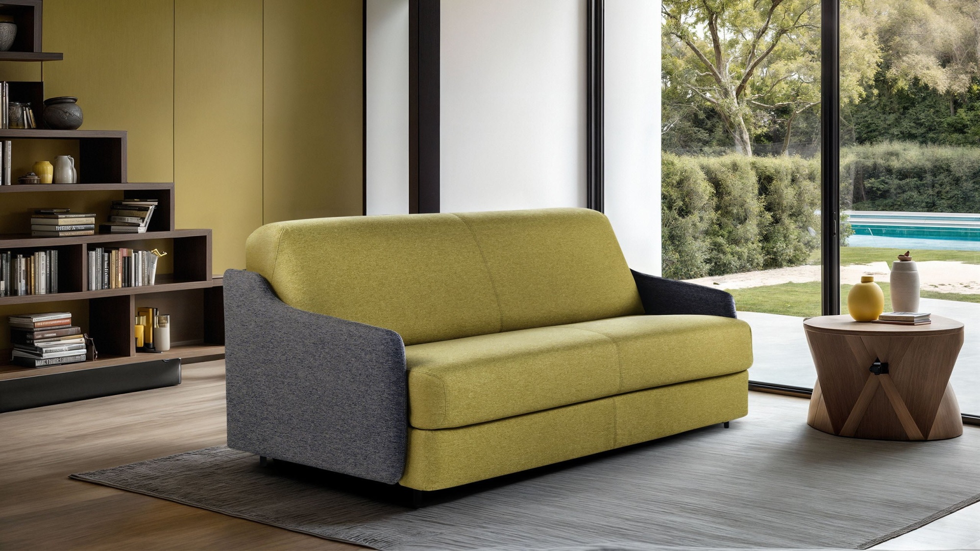 ELODIE Modern, space-efficient sofa bed with easy transformation mechanism and comfortable 17 cm mattress in polyurethane or Memory foam, featuring slender armrests for added roominess.
