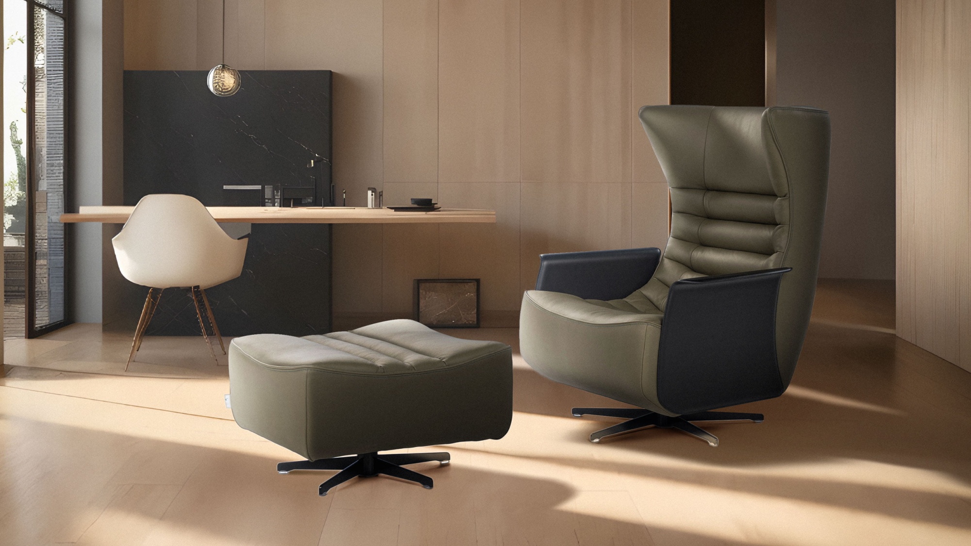 GERRIT The 'Gerrit' armchair is a comfortable, modern classic with quilting detail that extends to a matching footstool. Optional swivel base and customizable finishes cater to personal or office use. GERRIT The 'Gerrit' armchair is a comfortable, modern classic with quilting detail that extends to a matching footstool. Optional swivel base and customizable finishes cater to personal or office use.