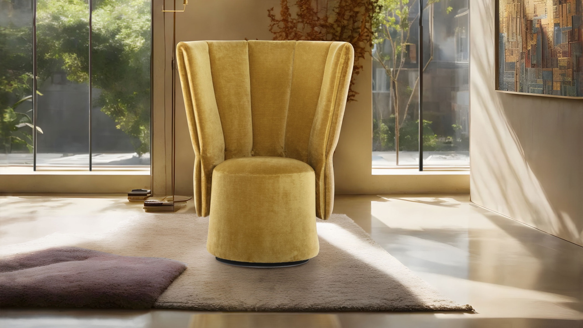 VIVI Vivì chair offers an intimate, soul-refuge with a high back and tail base design, available in swivel, container options, and leather or fabric.